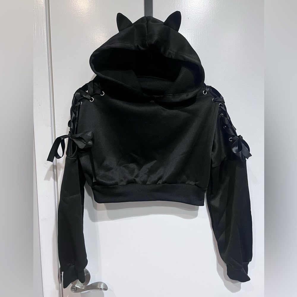 Cropped Kitty Hoodie, Lace Up Arms